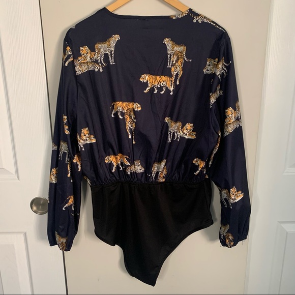 SHEIN V-Neck Tiger Print Navy Bodysuit - Picture 4 of 6